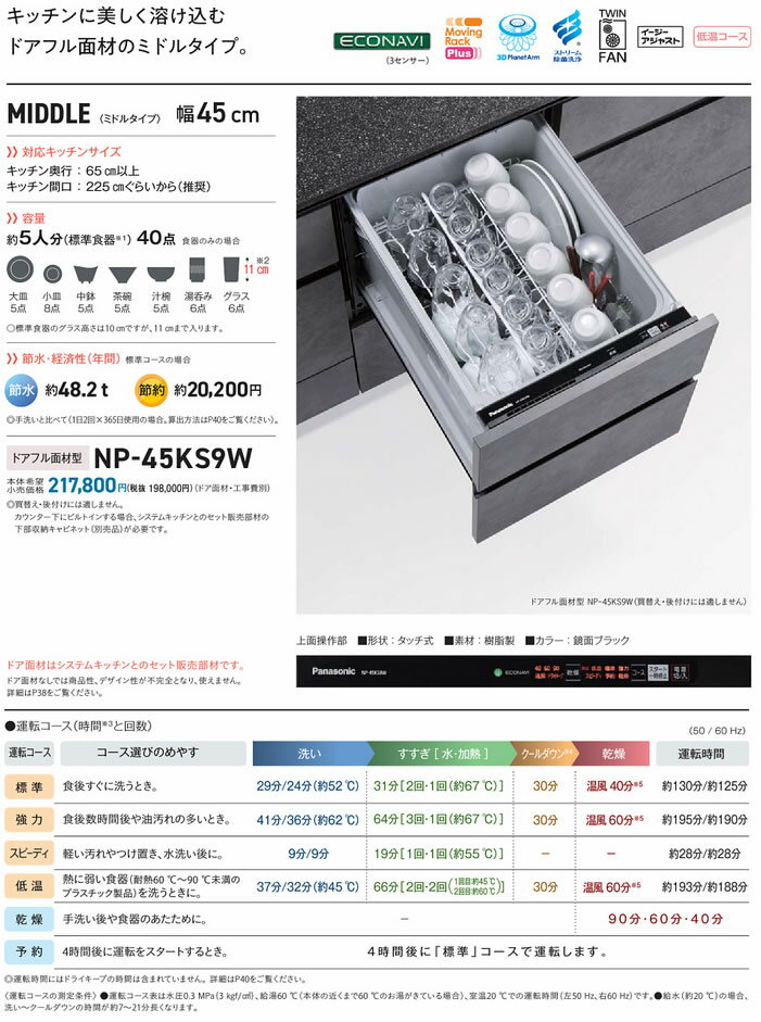 ●NP-45KS9Wビルトイン食器洗い乾燥機 K9シリーズ 奥行65cm幅45cm ミドルタイプ ECONAVI ドアフル面材型容量：標準食器40点(約5人分) 庫内容積：約40LPanasonic キッチンビルトイン機器 2