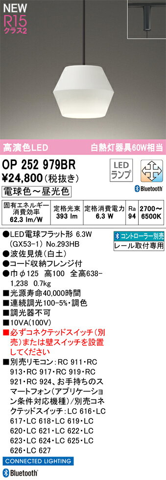 OP252979BRLEDペンダントライト R15高演色 クラス2プラグタイプ 白熱灯器具60W相当CONNECTED LIGHTING LC-FREE 調光・調色 Bluetooth対応 電気工事不要オーデリック 照明器具 吊下げ 天井照明 [2]