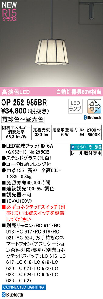 OP252985BRLEDペンダントライト R15高演色 クラス2プラグタイプ 白熱灯器具60W相当CONNECTED LIGHTING LC-FREE 調光・調色 Bluetooth対応 電気工事不要オーデリック 照明器具 吊下げ 天井照明 [2]