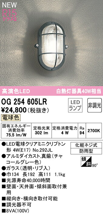 OG254605LRLEDブラケットライト R15高演色 クラス2白熱灯器具40W相当 非調光 電球...