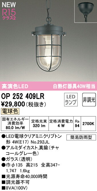 OP252409LRLEDペンダントライト R15高演色 クラス2白熱灯器具40W相当 非調光 電球色 要電気工事オーデリック 照明器具 天井照明 吊下げ 2