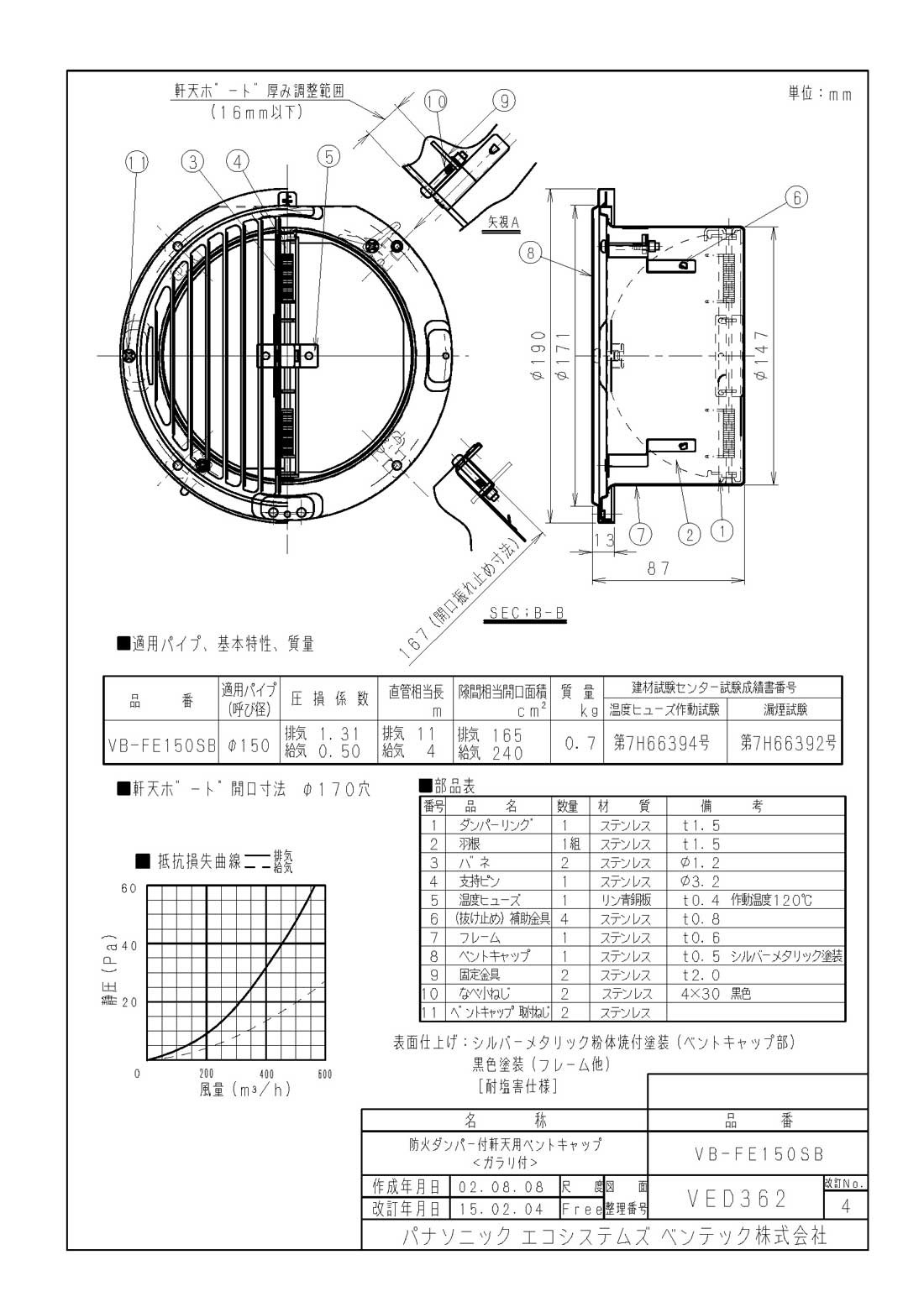 VB-FE150SBステンレス製 軒天用ベントキャップ(防火ダンパー・ガラリ付) 呼び径φ150パナソニック エコシステムズ ベンテック ダクト用エクステリア部材(ベントキャップ)