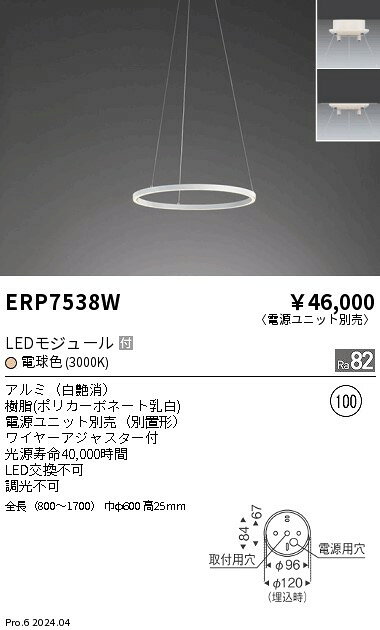 ERP7538WLEDペンダントライト 直付埋込兼用フレンジタイプφ600タイプ 調光対応 電球色遠藤照明 施設照明 要電気工事 [2]