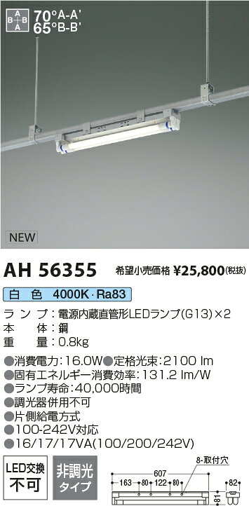 AH56355LEDベースライト レースウェイ取付専用電源内蔵直管形LEDランプ搭載(ランプ同梱)非調光 FL20W×2灯相当 白色コイズミ照明 施設照明 [2]