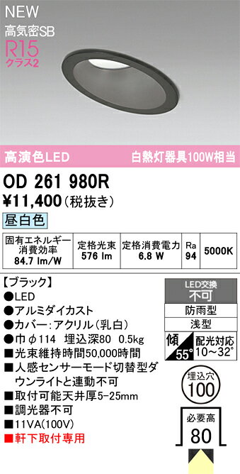 OD261980Rエクステリア LEDベースダウンライト R15高演色 クラス2高気密SB形 非調...