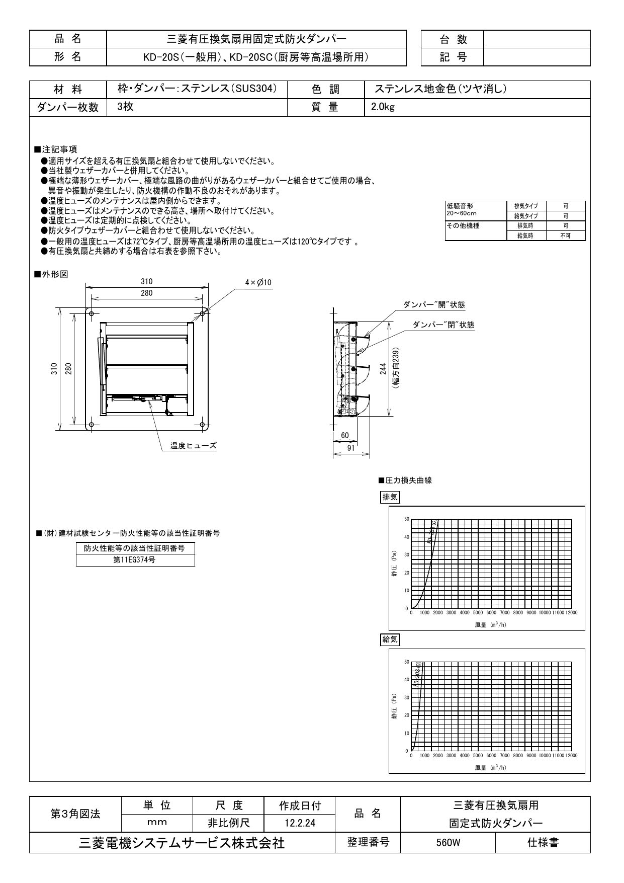 三菱電機 有圧換気扇用システム部材固定式防火ダンパー 厨房等高温場所用KD-20SC