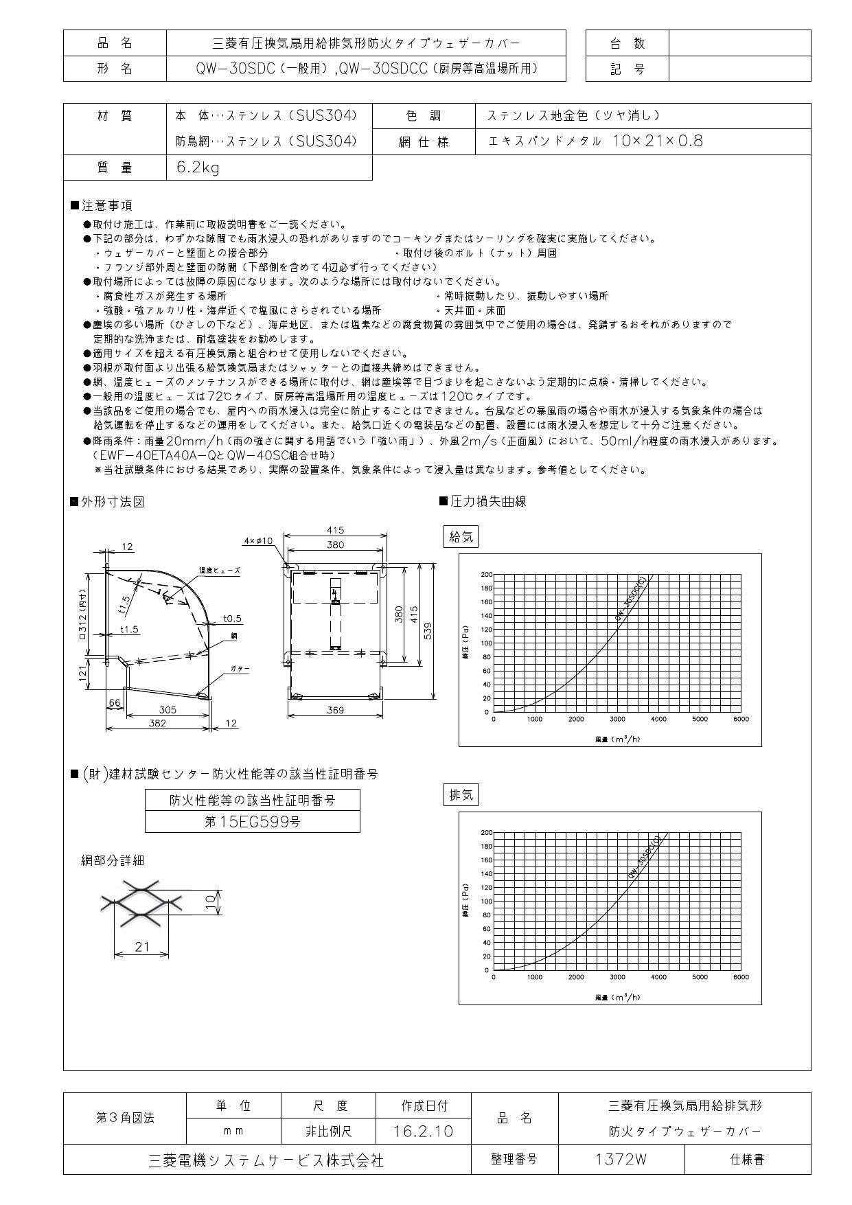 三菱電機 有圧換気扇用システム部材有圧換気扇用ウェザーカバー厨房等高温場所用 ステンレス製 防鳥網標準装備QW-30SDCC