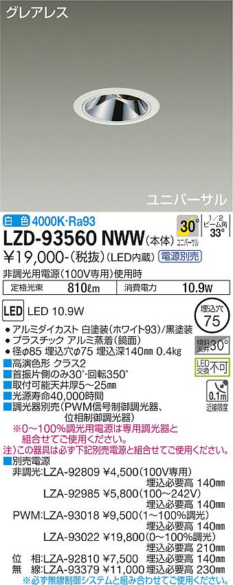 LZD-93560NWWLEDユニバーサルダウンライトグレアレス 埋込穴φ75800クラス φ50 ダイクロハロゲン75W形65W相当 高演色Ra93電源別売 30°広角形 白色大光電機 施設照明