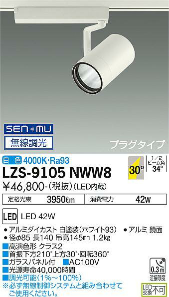 LZS-9105NWW8LEDスポットライト RECOL プラグタイプ4000クラス CDM-T70W相当 高演色Ra9330°広角形 白色 SENMU無線調光大光電機 施設照明