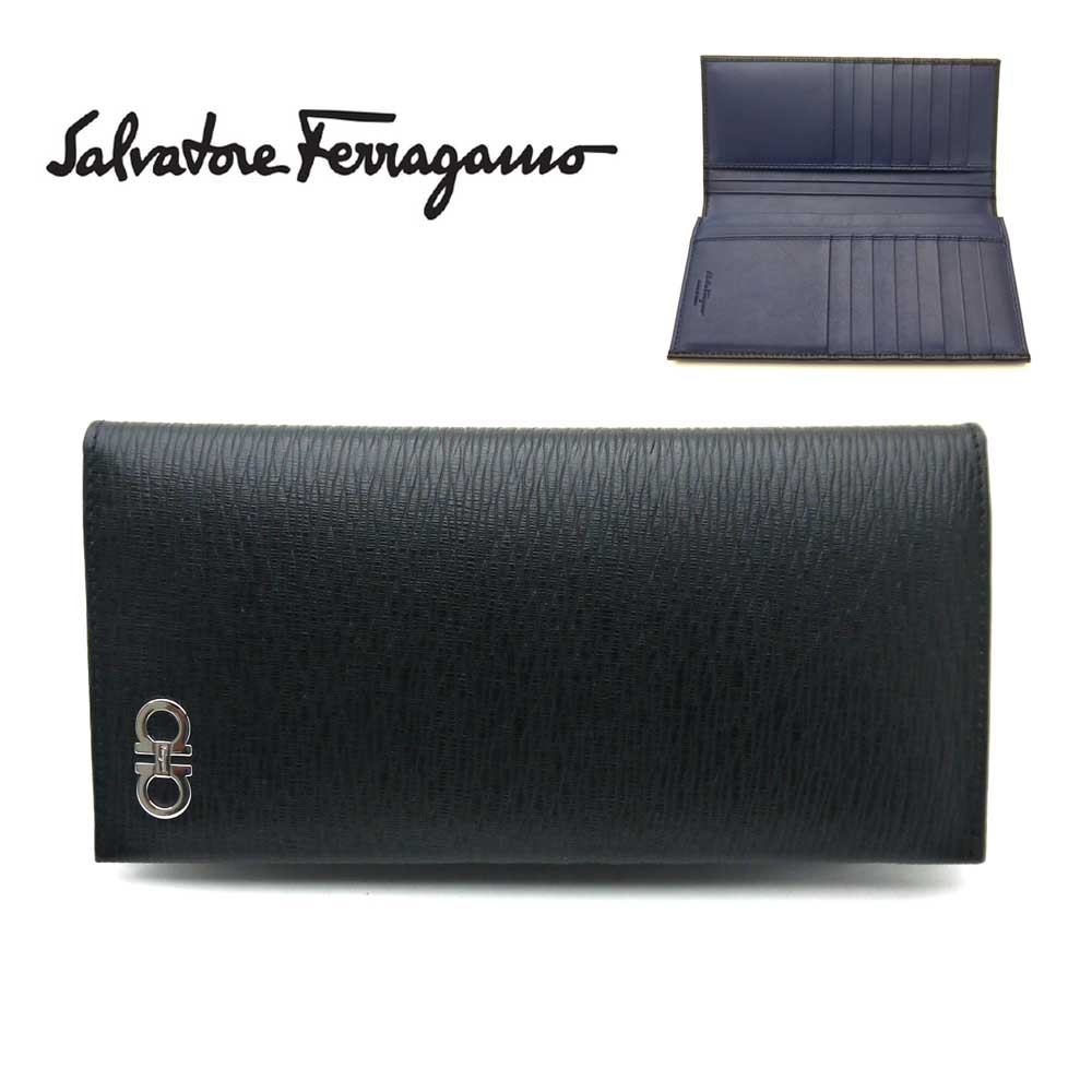 フェラガモ 財布（メンズ） 【新品】フェラガモ/Salvatore Ferragamo メンズファスナー付長財布　66-A069 NERO ブラック×内側ネイビー【即発送可能】