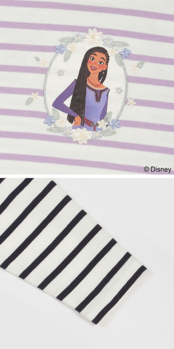【30％OFFセール】petit main プティマイン ボーダーチュール長袖Tシャツ 女の子 キッズ DISNEY WISH ディズニー ウィッシュ トップス ネイビー ラベンダー 90-130cm【K】【2401】【48】