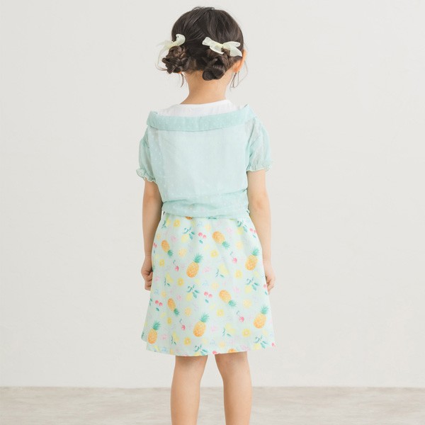 【30％OFFセール】半袖ワンピース レイヤード風 女の子 キッズ トップス ドッキング フルーツ総柄 ミント イエロー 100-140cm AIMABLE エマーブル【K】【2502】【61】