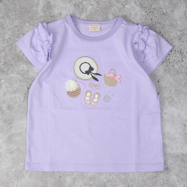 【10％OFFセール】バカンス柄 半袖Tシャツ 女の子 ベビー キッズ 80-140cm 子供服 綿100％ トップス ラベンダー ネイビー オフ La poche biscuit ラポシェビスキュイ【K】【2502】【62】