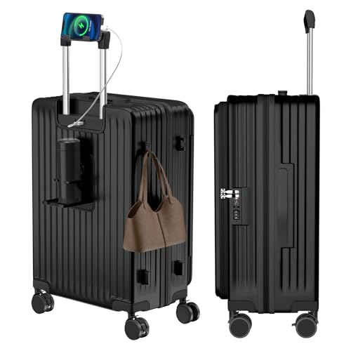[Vivcon] スーツケース キャリーケース 多機能 片開き 拡張機能付き ストッパー付き キャリーバッグ 携帯スタンド USBポート付き カップホルダー付き 隠しフック機能 超軽量 耐衝撃 静音 360度回転 大容量 TSAロック搭載 旅行 ビジネス 出張 (ブラック, Sサイズ /45L （1-3泊）)・【片開き・拡張可能・大容量タイプ】片面開きなので狭い場所でも完全に開けずに出し入れが可能で、占有スペースを50％削減します、開けるときも片手で楽々。ファスナータイプで、マチ幅を5cm拡張するだけで容量が20％UPできる。旅先でお土産が増えてもです。※拡張時は機内持ち込み不可・【多機能・キャスター ストッパー付き ・USB+Type C充電ポート付き ・カップホルダーとスマホルダーを付く】走行中の揺れる電車内でもストッパー（ブレーキ）機能でピタっと自立。乗降時や座席の離着席時などではすぐにストッパー解除ができるのでスムーズに移動を再開することができます。スーツケースにモバイルバッテリーを収納するポケットがついており、 USB+Type Cポートの充電口が外にあることで、いつでもどこでも充電できます。便利な折りたたみ式ドリンクホルダー付き。バックカップホルダー、ミルクティーカップ、傘いつでも配置でき、旅行をより便利にすることができます。レバーの上部にはスマホルダーが付いているので、フライトの待ち時間に両手が自由になり、外出先でもリラックスできます。・【高なボディ＆丈夫かつ軽い素材】軽さと堅固性に優れているPC (ポリカーボネート)とABS樹脂を配合したボディ。女性でも持ち上げられる軽さですが、衝撃に強く中の荷物をしっかりと守ります。 衝撃にも強く、無数に細かい凸凹が傷をつきにくくしてくれます。ケースのメンテナンスに関するヒント: 傷やへこみを避けるため、鋭利なものでスーツケースを傷つけたり、激しい摩擦や衝突を与えたりしないように注意してください。・【三段調節キャリバー・世界基準の安全性】超軽量のアルミニウム製キャリバー、高さ三段階調節、ご自分の身長に合わせてスムーズに調整が可能です。耐振性に優れるデザインで荷物を引きかける時、しっかりしています。また、滑りにくいソフトハンドルで長い時間の手提げでも手は疲れません。海外旅行には欠かせないTSAダイヤル方式のロックが搭載されており、外出がより安全になります。※鍵は航空会社検査専用のため本製品には付属しておりません。・【双輪キャスター・360度回転】静音、耐久性に優れた双輪キャスターは、自由に360度回転し、旋回時や悪路の走行も安定しています。故障率の高いシングルタイヤに比べて、安定感抜群です。高弾性TPE衝撃軽減素材のキャスターを採用し、より静かで耐摩耗性も向上しています。スムーズな滑りを実現しながら、360度の自由回転もできます。ダブルキャスターデザイン、旅先での移動をよりリラックスで快適になります・【機内持込が可能であり・1】Sサイズの外寸は35*24*53.5cm,容量は45リットル,三辺の和＜115cmです。機内持込が可能であり、新幹線やバスや航空機の客室にでも適用な設計です。 ※画像と実物のカラーにつきまして、全品スタジオ撮影素材を使用しておりますが、お客様のデバイスやデバイスの設定によって見え方が変わる場合がありイメージと若干異なる場合もございます。ブランド: Vivconメーカー: Vivcon型番: Vivcon02