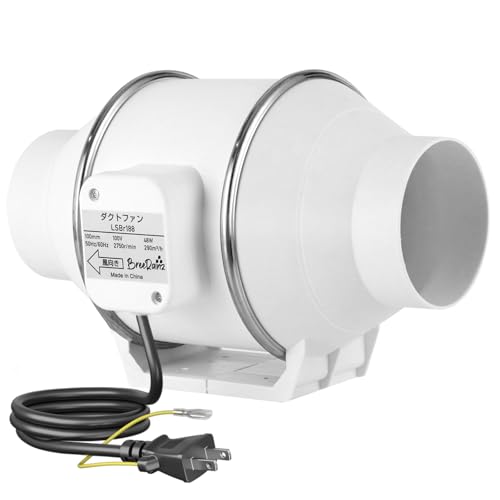 樂天商城 - BreeRainz ダクトファン Φ100mm ダクト用換気扇 風量290m³/h 強力 省エネ 静音 排気ファン 中間取付 塗装ブース用 家焼肉 家庭用 業務用 排風機 丸形タイプ 110V 日本仕様電源プラグ (100mm)