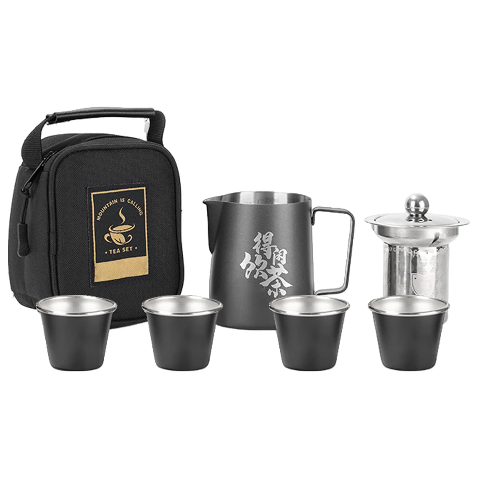 トラベルティーセット ポータブル 茶器セット ステンレス製 ティーポット 茶越し 湯呑み 4客セット 収納バッグ付き コンパクト 携帯用 屋外 キャンプ アウトドア ハイキング 登山 旅行 贈り物 ギフト 割れない ティータイム ブラック