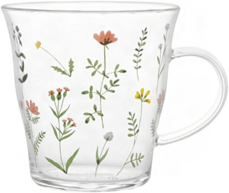 ティー カップ 400ml 透明マグ コーヒー 耐熱性 ギフト プレゼント 花模様 マグカップ シンプル デザイ..