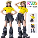 イエロー へそ出し デニムパンツ キッズ ダンス衣装 ヒップホップ 子供服 セットアップ チアガール ダンスウェア 女の子 HIPHOP 半袖 トップス スカート Tシャツ ショートパンツ 短パン ストリート かっこいい 韓国 発表会 団体服 演出 文化祭 イベント 練習着 夏 110-180cm