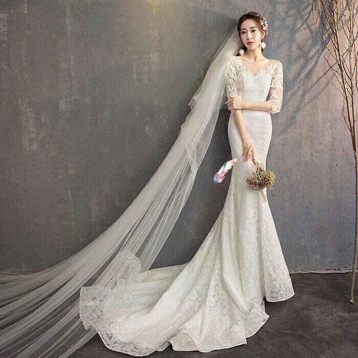 ウエディングドレス 　マーメイド　二次会ドレス 総レースドレス　レース袖あり　オフショルター　花嫁ドレス・Aラインドレス・イブニングドレス・ウエディングドレス・結婚式・パーティー・二次会・発表会・謝恩会・披露宴・カラードレス・姫系・食事会　XS-XXL