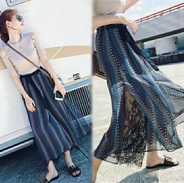 【送料無料】XL L M S ゆったり カジュアル ハイウエスト 九分丈 ロング シフォン フレアパンツ ワイドパンツ レース柄 レディース ョパンツ