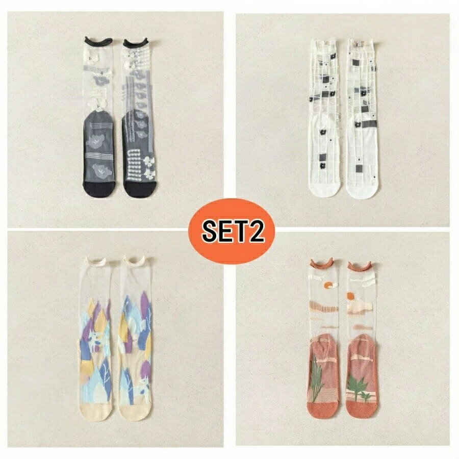 クルーソックス 靴下 花柄 シースルー 個性的 長袖 ソックス 4足セット ショートソックス 薄手 通気性 夏用 スニーカーソックス 可愛い 大きいサイズ カジュアル 上品 レディース メンズ きれいめ おしゃれ 3