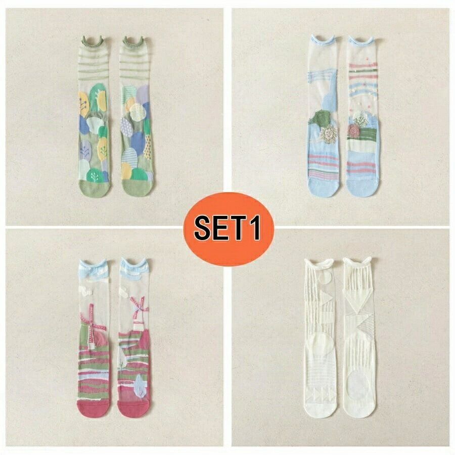 クルーソックス 靴下 花柄 シースルー 個性的 長袖 ソックス 4足セット ショートソックス 薄手 通気性 夏用 スニーカーソックス 可愛い 大きいサイズ カジュアル 上品 レディース メンズ きれいめ おしゃれ 2