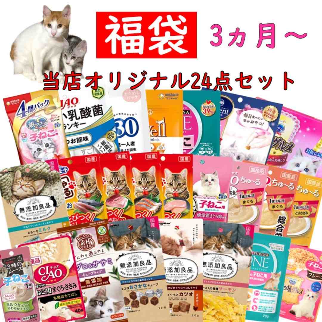 子猫 福袋 フード 多頭飼い 24点 セット キャットフード 詰め合わせ 無添加良品 ドライフード チュール おやつ ウェット 猫 かりかり 子ねこ とろリッチ ちゃおちゅーる チャオチュール 総合栄養食 まぐろ とりささみ かつお節