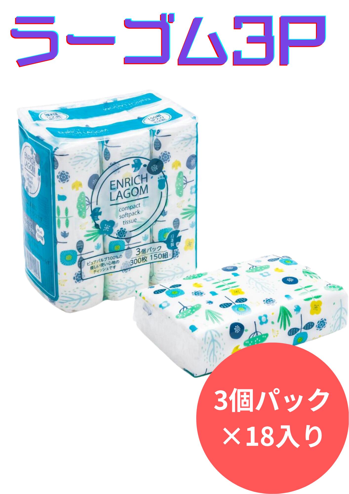 Tissue （Box） - 150Wラーゴムソフトパック3個×18入り(54個)　 パルプ100%　箱無し　持ち運び　コンパクト　省スペース　詰め替え用　ケース販売　一人暮らし　車用　キャンプ　防災備蓄　オフィス用　子供部屋　販促　お試し　送料無料
