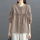 春物 レディース ブラウス 服 レディースアジアン アジアンブラウス レディース 七分袖 春夏 シャツ スタンドカラー チェック柄 シャツブラウス 可愛い