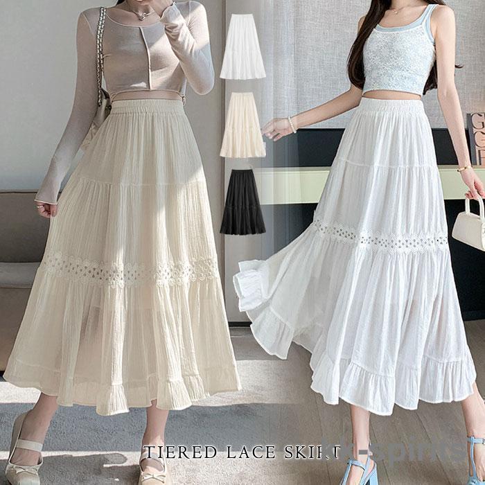 刺?レース 抑揚 ミディ スカートナチュラルな雰囲気で涼し気な抑揚刺繍スカート。軽やかな素材でリラクシーな着心地も魅力です。さりげない透け感で、大人の抜け感も演出♪【カラー】ホワイトアイボリーブラック【サイズ】着丈：77cmウエスト：56?...