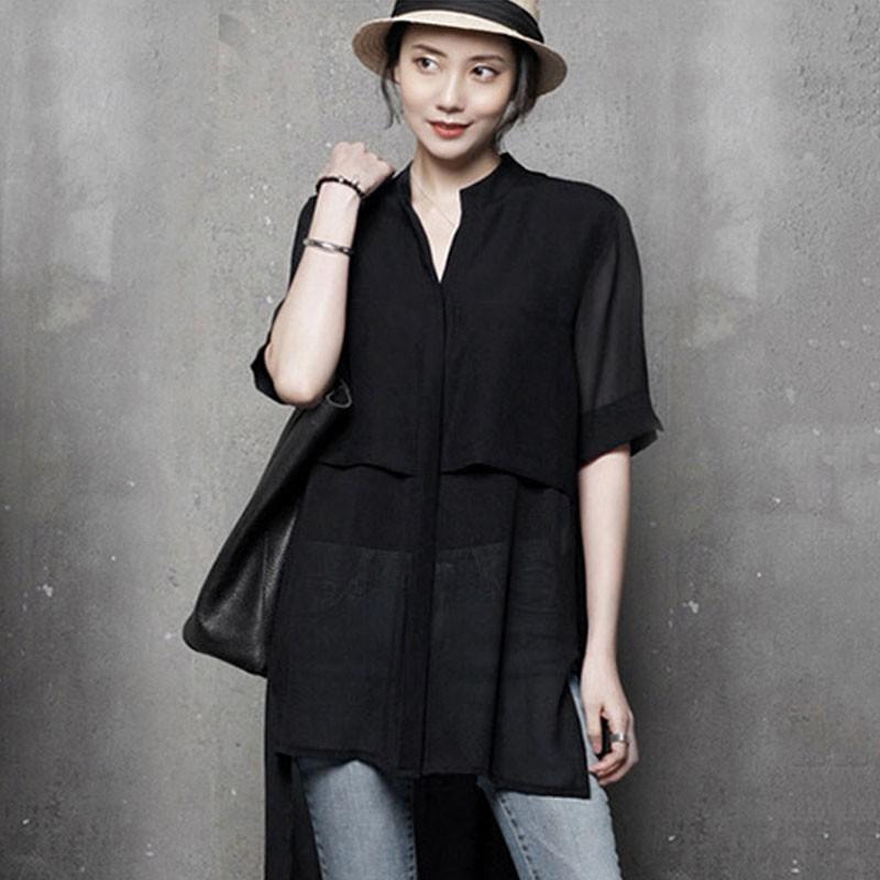 シャツブラウス 夏 ロング丈 チュニック 半袖 ブラウス ロングシャツ シフォン 無地 体型カバー ゆったり 前後差 シースルー シンプル カジュアル オシャレ 通勤