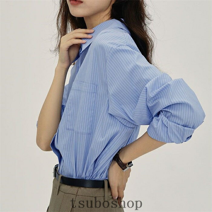 ストライプのシャツ　女性のシャツ　長袖　ゆったりシャツス　トライプ　襟があり　きれいなレジャー　オフィス　上着　春秋　 レディース　ブラウス 生地　密度up　透けにくい(4)