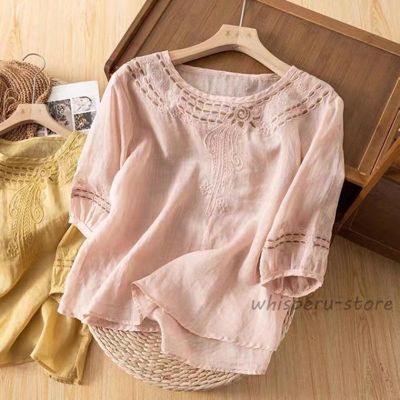 レディース ブラウス Tシャツ チュニック 春夏 半袖 花柄 プリント 可愛い ボートカラー 丸首 涼しい ..