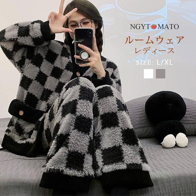 パジャマ レディース ルームウェア 上下セット ゴムウェスト 長袖 部屋着 寝間着 ふわふわ もこもこ 暖かい お泊り 旅行 ポケット付き 秋冬