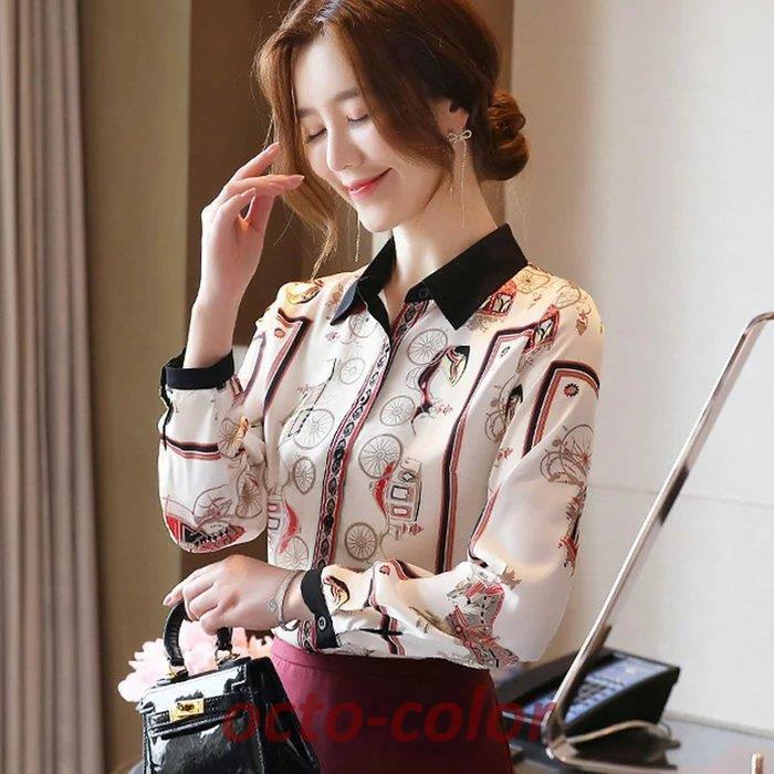 ブラウス オフィス ブラウス レディース 長袖ブラウス オシャレ 春秋 シャツ ブラウス プリント オシャレブラウス 襟付きトップス 韓国風 大人 上品 通勤OL ゆっ