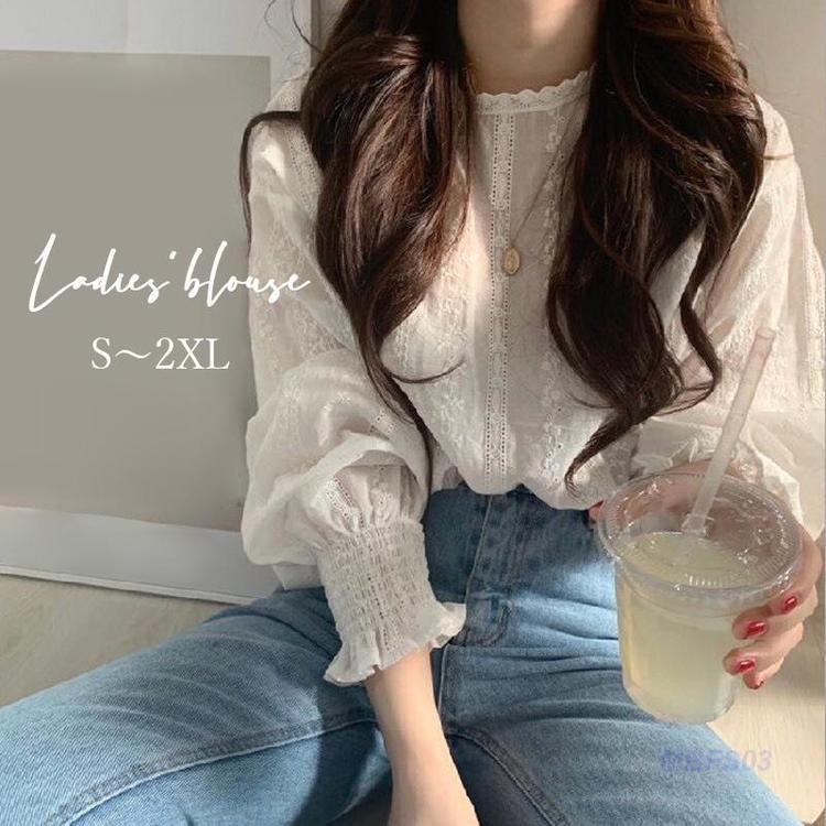 ブラウス 長袖 クルーネック プルオーバー トップス レディース 女性 婦人服 ぽわん袖 ボリューム袖 フリル レース おしゃれ かわいい