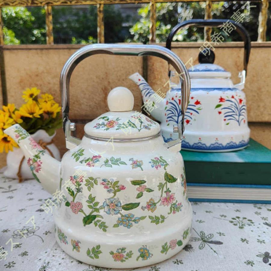 ホーロー ケトル やかん ボタニカル柄 おしゃれ かわいい 白 ホワイト ティーポット コーヒーポット 大容量 広口 湯沸かし器
