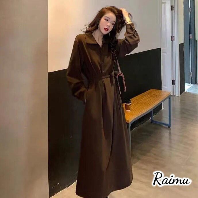 シャツワンピース ワンピース レディース ロングワンピース 40代 きれいめ マキシ 秋長袖 黒 Vネック Aラインスカート オシャレ大人 ゆったり 韓国風 50代raimu