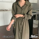 ワンピース シャツワンピース ロングワンピース マキシ丈ワンピース 無地 ロングシャツ ウエスト紐入り ゆったりraimu