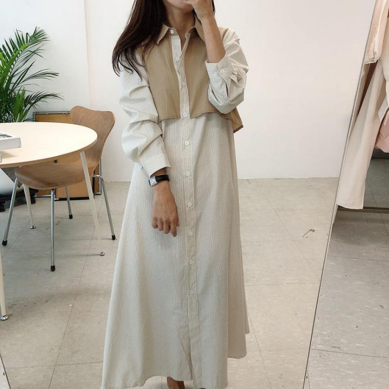 シャツワンピース レディース 40代 マキシワンピース 春夏秋 長袖ワンピース フェイクレイヤードン きれいめ フレアスカート オシャレカジュアル韓国風 30代