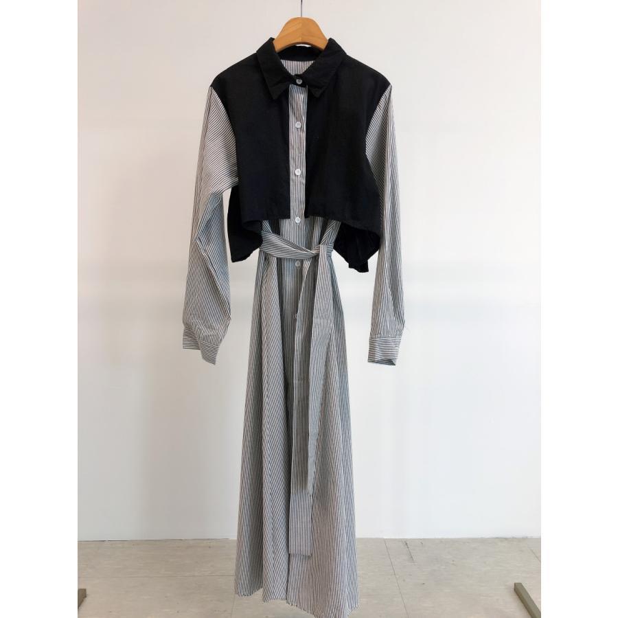 シャツワンピース レディース 40代 マキシワンピース 春夏秋 長袖ワンピース フェイクレイヤードン きれいめ フレアスカート オシャレカジュアル韓国風 30代