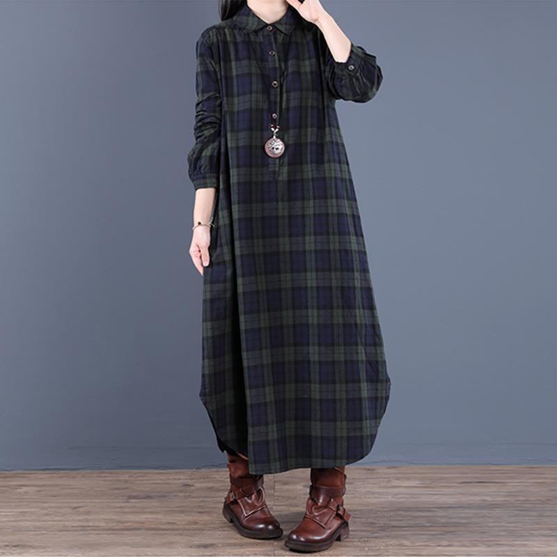 シャツワンピース 綿麻混風ワンピース レディース ロング丈 長袖 チェック柄 体型カバー 大きいサイズ ゆったり 着痩せ 秋 ポイント消化 定番 30代 40代 50代