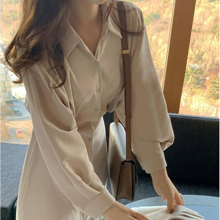 シャツワンピース レディース 40代 マキシワンピース 春夏秋 長袖ワンピース きれいめ パフスリーブ Vネック ロング丈スカート オシャレ大人 30代 ゆったり