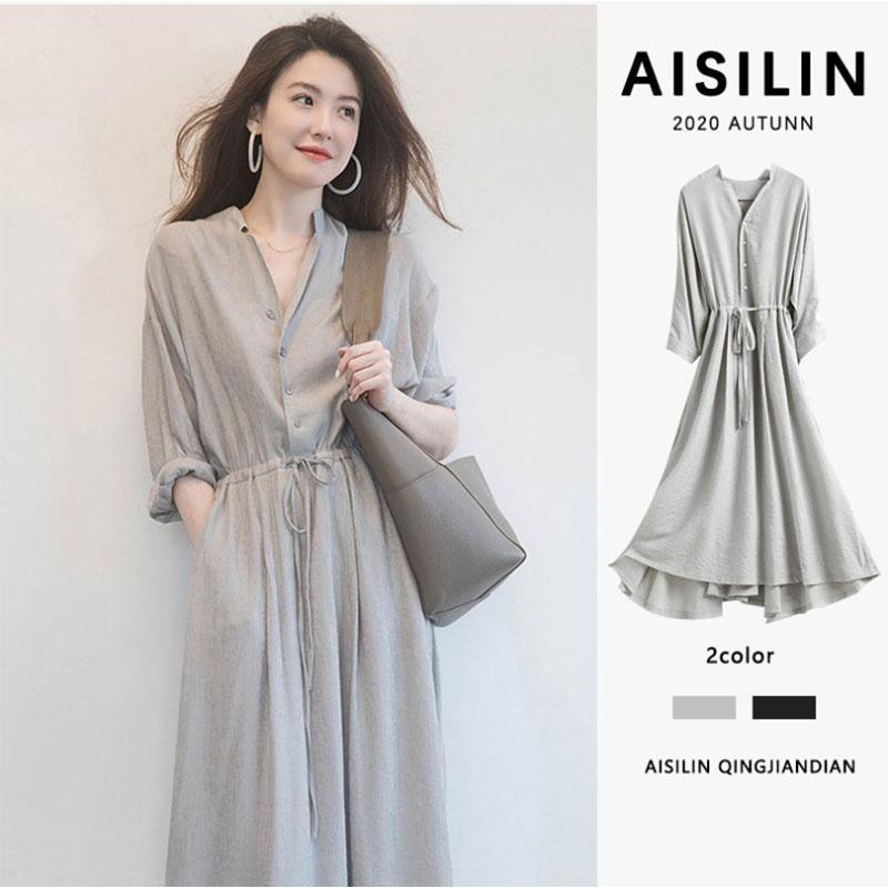 シャツワンピース ロングワンピース レディース マキシ丈 無地 長袖 aライン 体型カバー ゆったり 長袖ワンピ 大きいサイズ 前開け お洒落 リラックス 春 夏