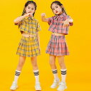 ダンス衣装 チェック柄 キッズ へそ出し tシャツ キッズダンス セットアップ 韓国 ヒップホップ スカート 女の子 応援団 チアガール 発表会