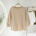 春物 レディース tシャツ レディース tシャツ 無地 パフスリーブ 可愛い 丸首 七分袖 アジアンストア ギャザー かんたん 通学通勤 春夏