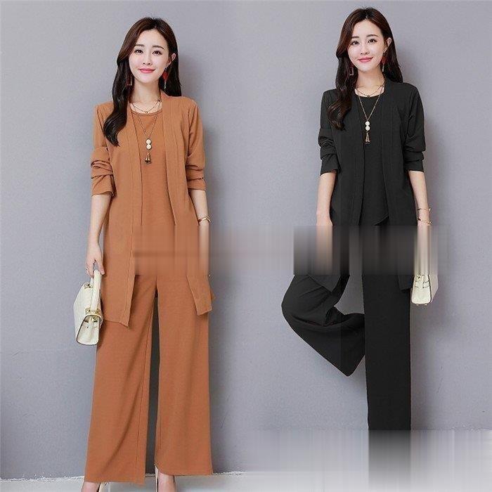 パンツセットアップ レディース 夏 秋 パンツスーツ 上下セット 3点セット ワイドパンツ ガウチョパンツ ブラウス カーディガン 無地 ゆったり 30代 40代 OL