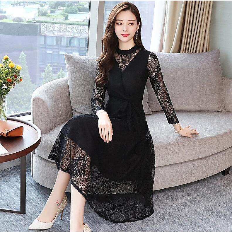 ワンピース レディース 40代 ワンピース 秋 きれいめ マキシ丈ワンピースドレス上品 長袖 レースワンピース 黒 着痩せ 結婚式ドレス お出かけ 大人 オシャレ