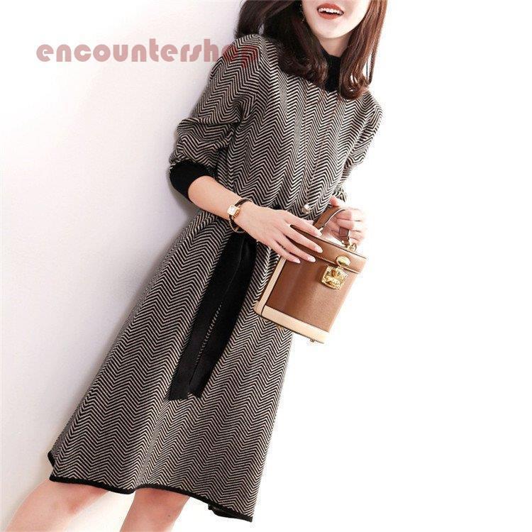 ニットワンピース レディース 40代 秋冬 膝丈 気質 ボーダー ミディアム丈きれいめ 切り替え 上品 長袖 通勤 着痩せ 結婚式ドレス 大人 軽熟風 韓国風