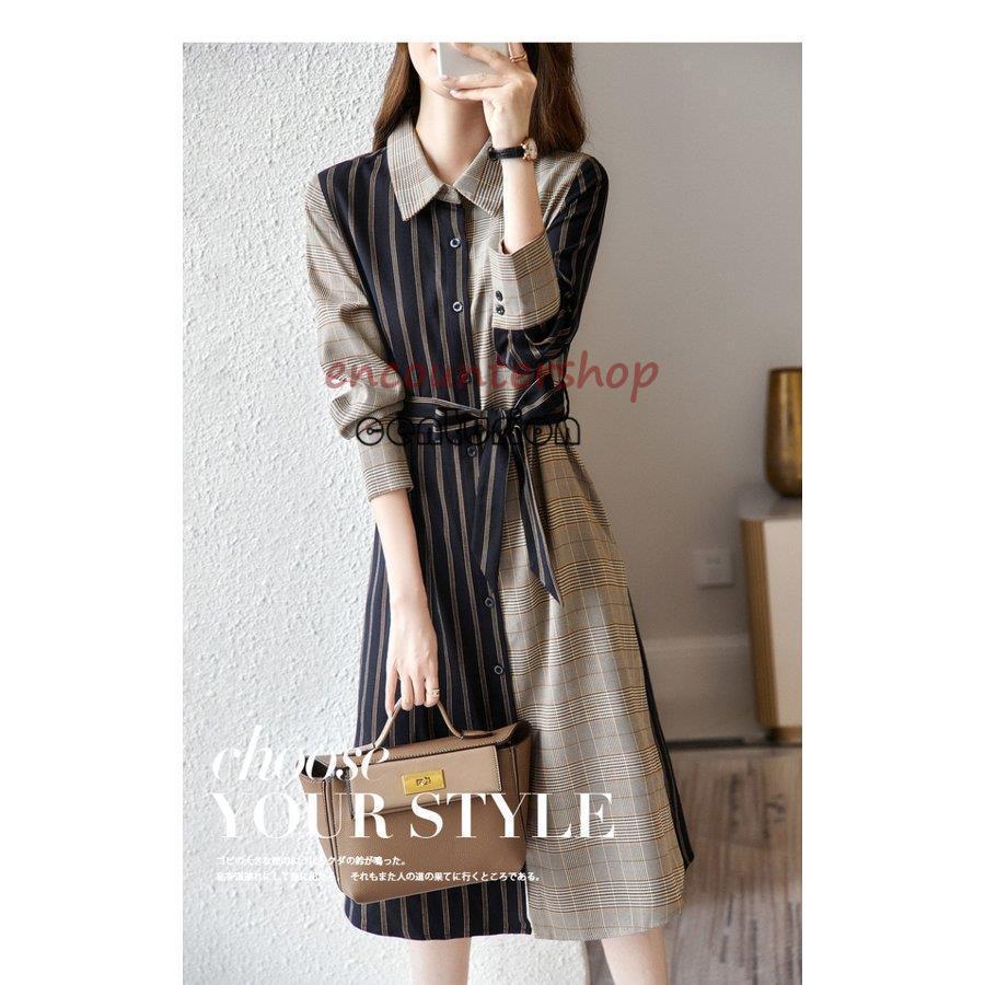 シャツワンピース レディース 30代 40代 50代 春秋冬 Aラインワンピース きれいめ 膝丈 チェック柄ワンピース 上品 長袖 配色 着痩せ大人